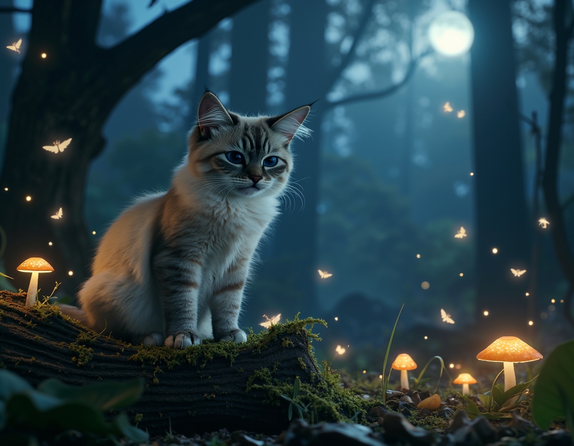 Cat explores a twilight forest alive with bioluminescent mushrooms, sparkling fireflies, and fluttering fairies. The scene captures a sense of enchantment and mystery under the soft glow of moonlight.